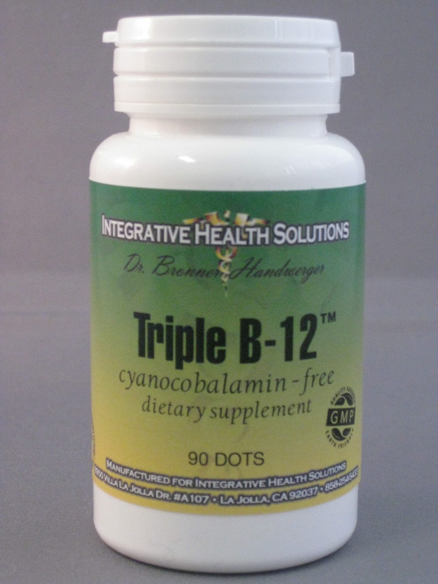 A bottle of vitamin b 1 2 is shown.