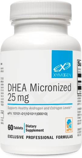 A bottle of dhea micronized 2 5 mg.